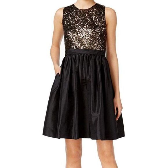 Calvin Klein Fit & Flare Dress Size 6 Gold/Black Sequin Taffeta Sleeveless Party - Picture 1 of 13